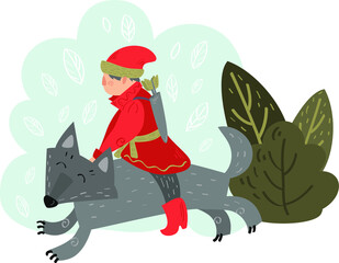 Russian folk tales. A man in a national red suit rides a wolf on a background of a bush with leaves and strokes. Vector illustration of fairy tales © Lena_Hunt