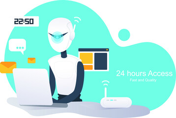 Business automation, robot assistant works on a laptop, checks mail, answers customer questions in a chat, edits site pages. RPA, 24 hours available, fast and high-quality automatic operation