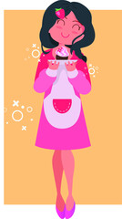 Baker girl shows sweet dessert cupcake with cream. Girl in an apron with a pocket, with a saucer in hand, on it cake with white cream and flower decorations. Flat vector illustration pastry shop