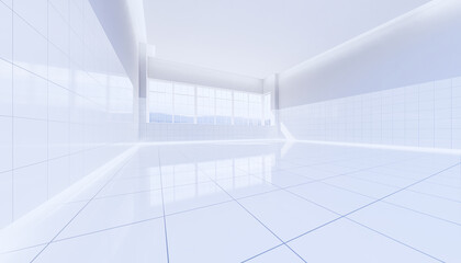 Obraz premium 3d rendering of empty toilet room and white tile floor.