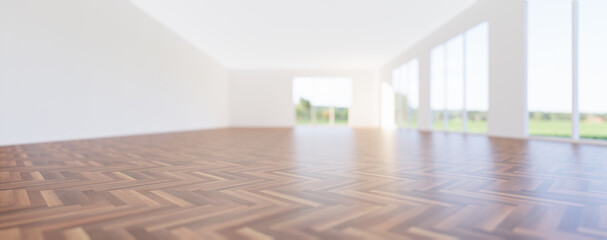 3d rendering of empty room and wood floor shiny reflection with clear glass door in perspective...