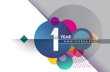 1st years anniversary logo, vector design birthday celebration with colorful geometric background and circles shape.