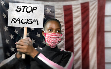 stop racism black activist girl protesting against USA government - young outraged and hipster...