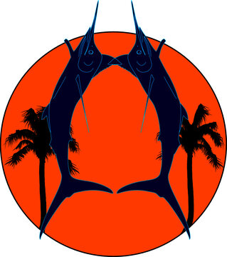 recommend clip art: Light blue outlined marlin navy blue silhouette in sun and palm trees