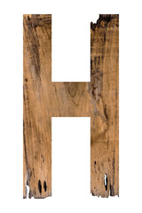 Alphabet letter wooden font on white background. English flat wood character H.