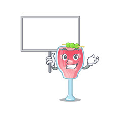 Cartoon picture of cosmopolitan cocktail mascot design style carries a board