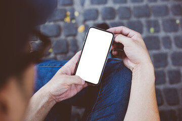 cell phone mockup image blank white screen.woman hand holding texting using mobile.background empty space for advertise.work people contact marketing business,technology