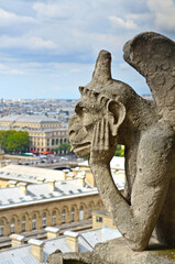 Fototapeta na wymiar Gargoyle of Notre Dame de Paris Cathedral and Paris cityscape, France