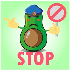 Cute half avocado police cartoon character with police hat, hands pointing and stop sign design