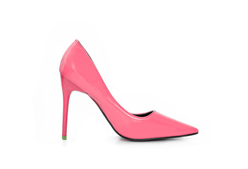 Women's elegant fashion shoes pink high heels on isolated white background.