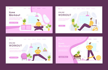 Landing page template set woman doing sport exercises and yoga at home. Indoor fitness workout concept. Home activity for people health and calm. Girl doing sport in living room - vector illustration