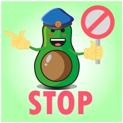Cute half avocado police cartoon character with police hat, hands pointing and stop sign design