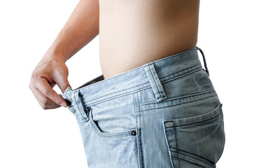 Young man wore large pants that did not fit his body. Health concepts and weight loss