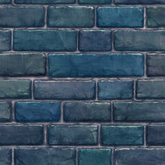 Obraz premium 繋ぎ目の無い青色のビンテージでアンティークなレンガ（煉瓦）のシームレスパターンタイリングイラスト