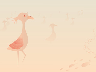 Illustration of a group of egrets searching for fish at foggy sea in the morning.