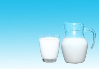 white milk in jar and clear glass on blue gradient background