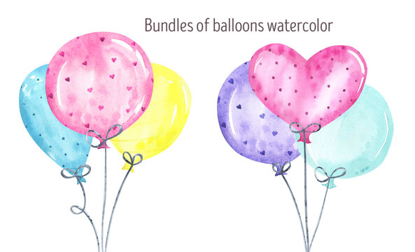 Watercolor Illustration of a Bundle of Balloons on a String. Stock