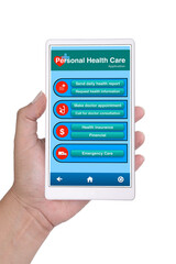 Hand holding smartphone that display personal health care application on screen.