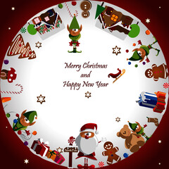 Christmas card with Santa Claus, elf, gingerbread man and presents