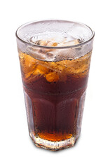 Glass of cola with ice on white background