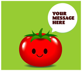 Vector cute tomato character with speech bubble for your message on green color background
