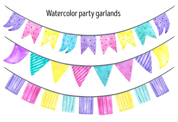 Obraz premium Garland, flags watercolor. Birthday party elements. Party celebrations accessories. Colorful balloons. Party celebrations accessories. Happy Birthday. Baby party. 