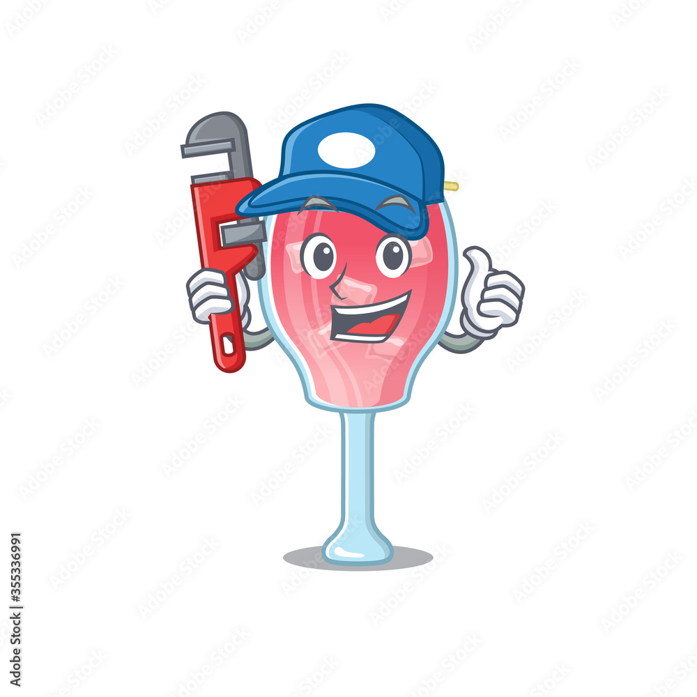 Poster cartoon character design of cosmopolitan cocktail as a plumber with tool