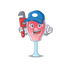 cartoon character design of cosmopolitan cocktail as a Plumber with tool