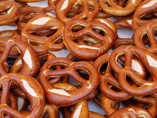 Baked bretzels close up view
