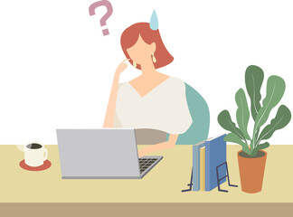 女性　デスクワーク　テレワーク　リモートワーク　ビジネス　自宅　ノートパソコン　ベクター　イラスト