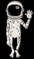 Astronauta Desnudo Tattoo black and white cartoon illustration © Neve Ilustra