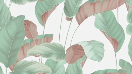 Fototapeten Foliage seamless pattern, tropical plants on bright grey © momosama