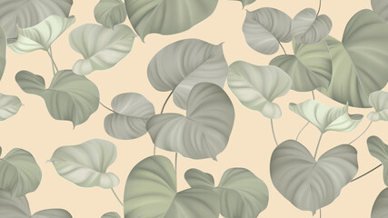 Foliage seamless pattern, tropical plants on bright orange
