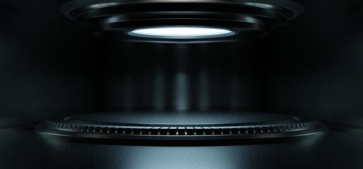 Empty light blue studio room futuristic Sci Fi big hall room with lights blue, Future background for design.