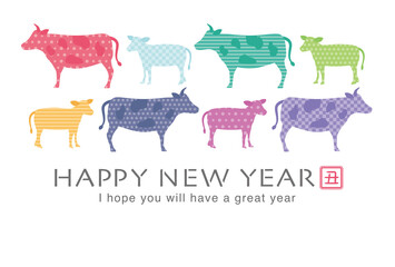 2021年丑年　牛シルエットの年賀状テンプレート（パステルカラー）