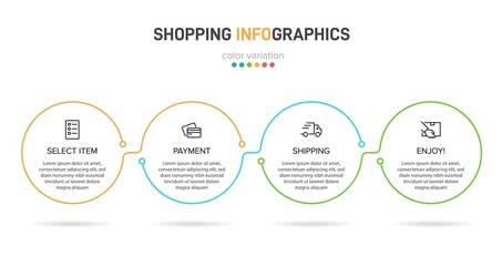 Concept of shopping process with 4 successive steps. Four colorful graphic elements. Timeline design for brochure, presentation, web site. Infographic design layout.
