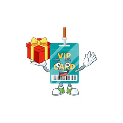 VIP pass card cartoon mascot concept design with a red box of gift