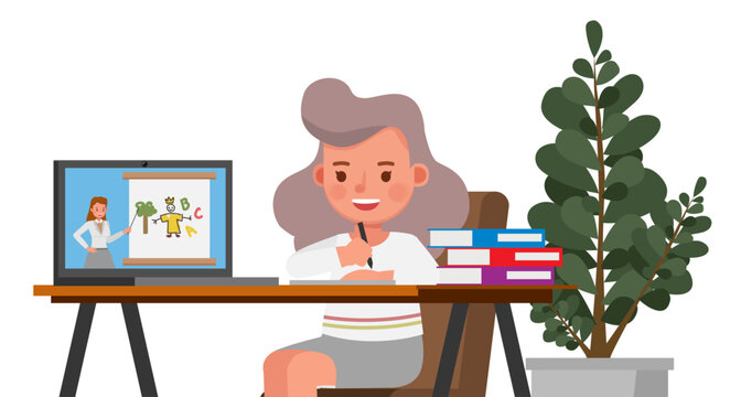 Happy girl learning online with computer character vector design. Stay at home concept. no2