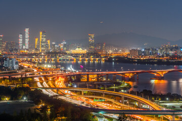 Night aerial view of downtown Seoul from Haneul park, Republic of Korea