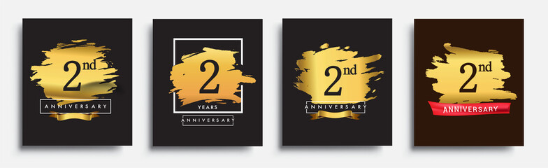 Set of Anniversary logo, 2nd anniversary template design on golden brush background, vector design for greeting card and invitation card, Birthday celebration