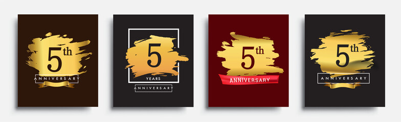 Set of Anniversary logo, 5th anniversary template design on golden brush background, vector design for greeting card and invitation card, Birthday celebration