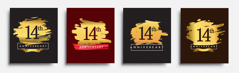 Set of Anniversary logo, 14th anniversary template design on golden brush background, vector design for greeting card and invitation card, Birthday celebration
