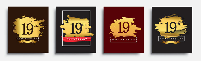 Set of Anniversary logo, 19th anniversary template design on golden brush background, vector design for greeting card and invitation card, Birthday celebration