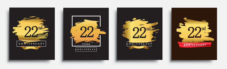 Set of Anniversary logo, 22nd anniversary template design on golden brush background, vector design for greeting card and invitation card, Birthday celebration