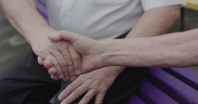 Close shaking of wrinkled hands of two seniors men on meet at bench
