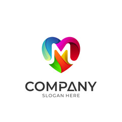 Logo concept of heart letter m. Simple colorful style. Logotype ready for use.
