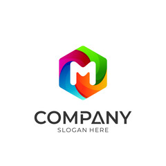 Logo concept of letter m in colorful hexagon shape. Emblem style. Vector logo icon ready for use.