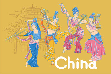 Fototapeta na wymiar female dancing Chinese traditional dance, with buildings in the background, Vector illustration