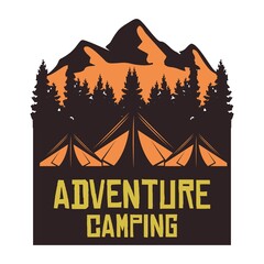 camping and outdoor adventure emblems, logos and badges. Camp tent in forest or mountains. Camping equipment. Vector.