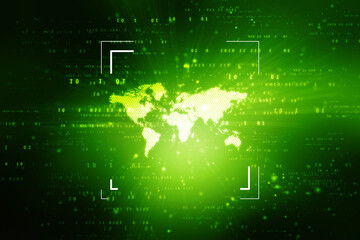 Abstract world map on binary code background. Glowing map of the earth. High tech. Sci-fi technology. Programming, big data. Global network. Binary codes emerging from the map. 